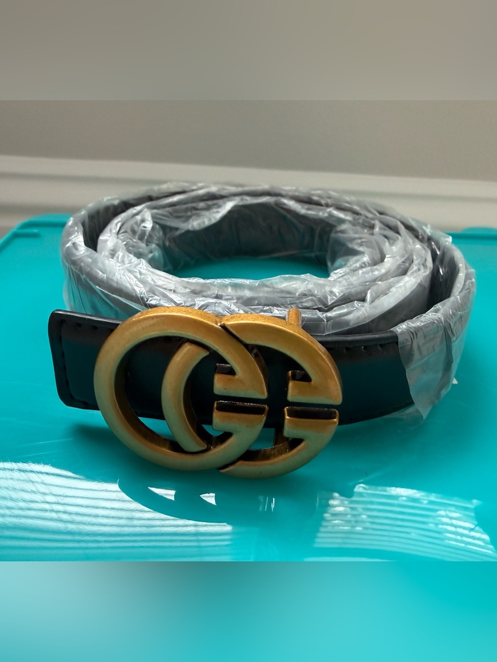Women’s Black Leather Belt with Gold Interlocking Buckle